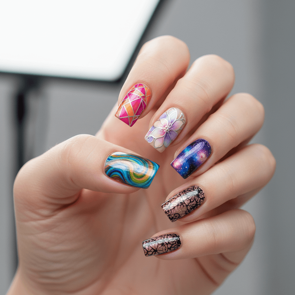 Close-up of intricate airbrush nail art with glossy finishes