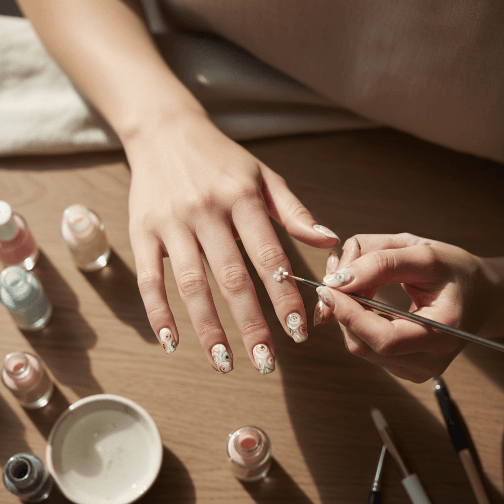 Detailed floral nail art design showing fine line work