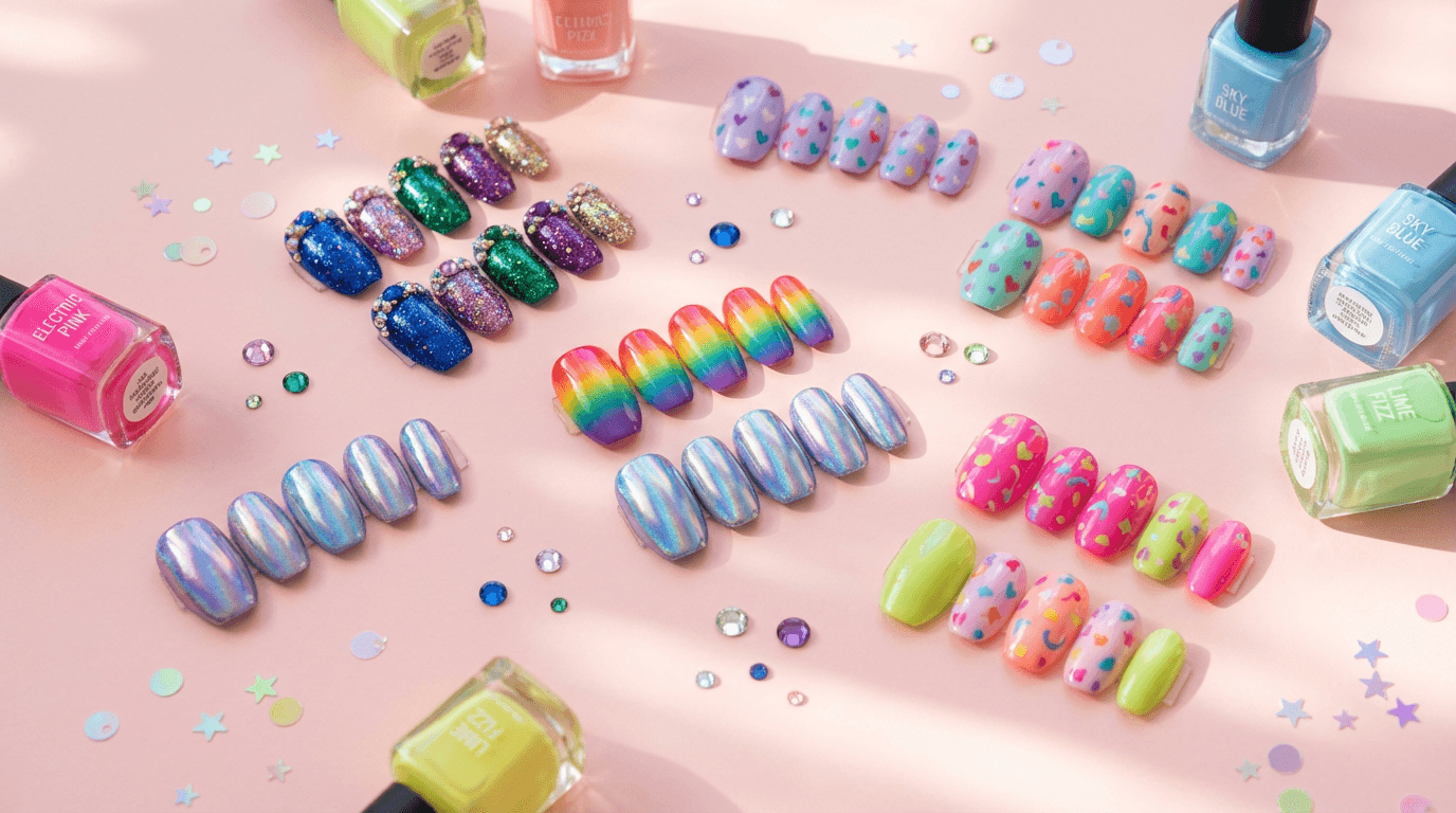 Overhead view of colorful press-on nail designs, polish, and sparkly embellishments arranged artfully on soft pastel background.